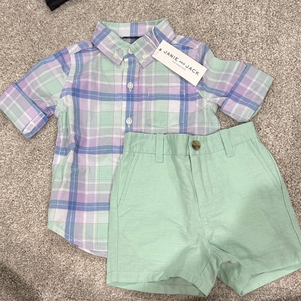 Janie and Jack Pastel Plaid Shirt and Mint Shorts Set